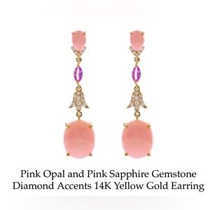 Pink Opal and Pink Sapphire, diamond and yellow gold drop Gin and Grace earrings